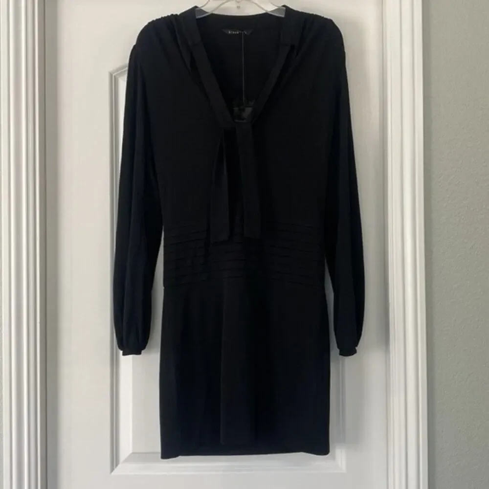 Black Halo Dress Black Long Sleeve Sheath Dress Tie Neck Pleated Size Medium New